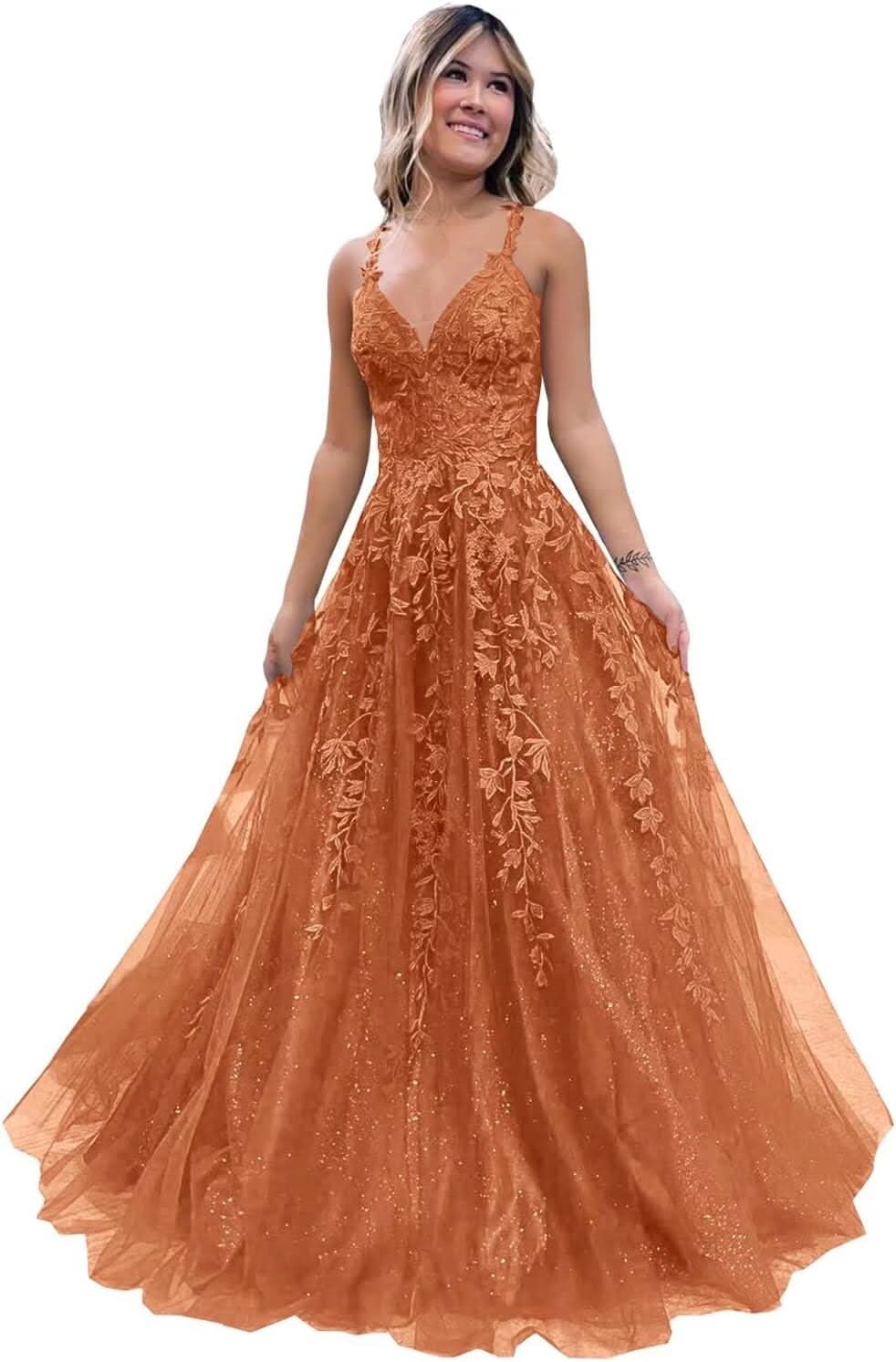 Tulle Lace Appliques Sparkly Prom Dresses A Line with Slit V Neck Formal Party Dress - Bmbride