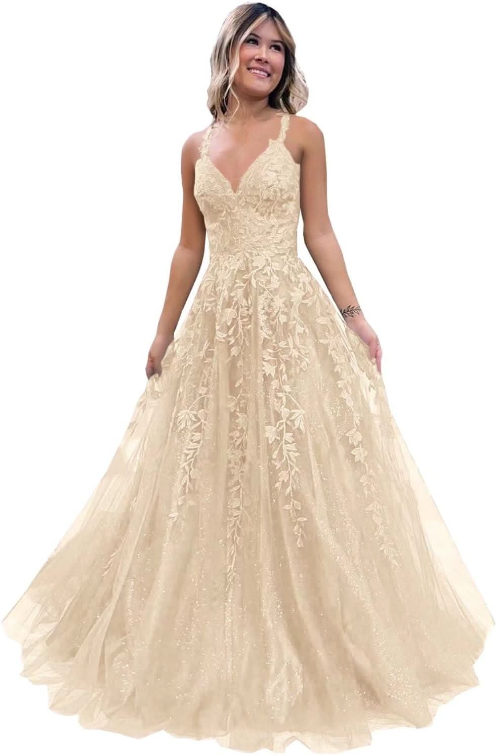 Tulle Lace Appliques Sparkly Prom Dresses A Line with Slit V Neck Formal Party Dress - Bmbride