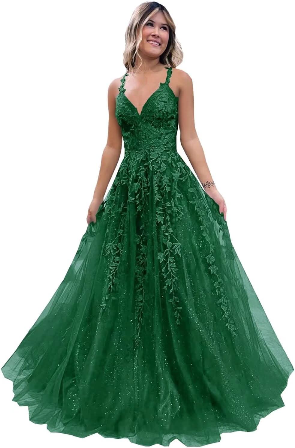 Tulle Lace Appliques Sparkly Prom Dresses A Line with Slit V Neck Formal Party Dress - Bmbride