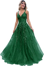 Tulle Lace Appliques Sparkly Prom Dresses A Line with Slit V Neck Formal Party Dress - Bmbride