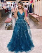 Tulle Lace Appliques Sparkly Prom Dresses A Line with Slit V Neck Formal Party Dress - Bmbride
