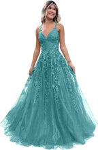 Tulle Lace Appliques Sparkly Prom Dresses A Line with Slit V Neck Formal Party Dress - Bmbride