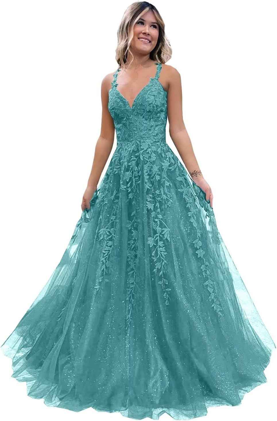 Tulle Lace Appliques Sparkly Prom Dresses A Line with Slit V Neck Formal Party Dress - Bmbride