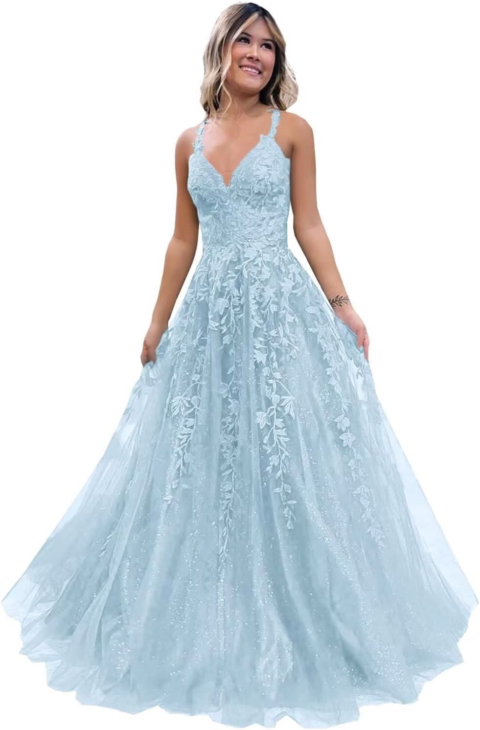 Tulle Lace Appliques Sparkly Prom Dresses A Line with Slit V Neck Formal Party Dress - Bmbride