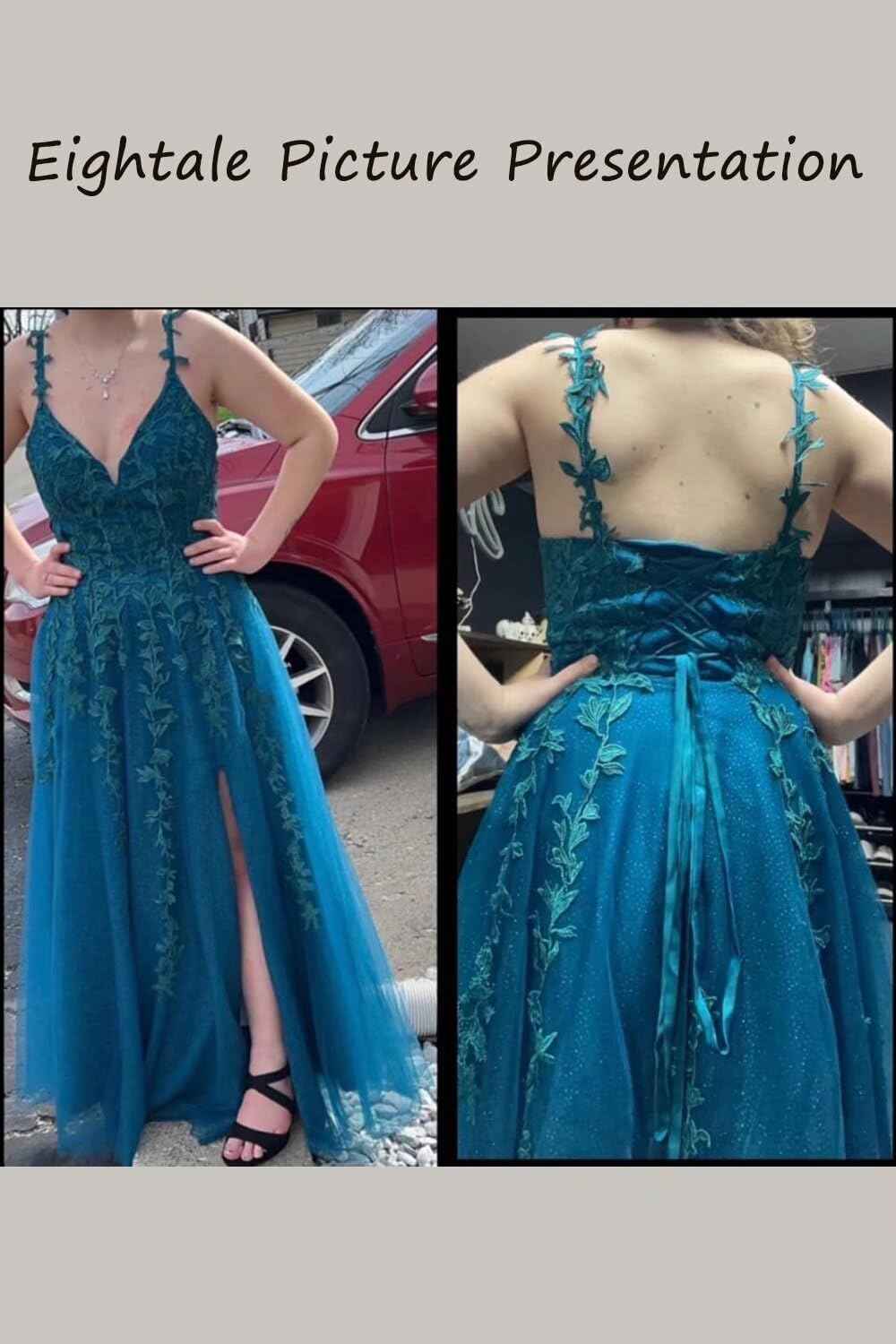 Tulle Lace Appliques Sparkly Prom Dresses A Line with Slit V Neck Formal Party Dress - Bmbride