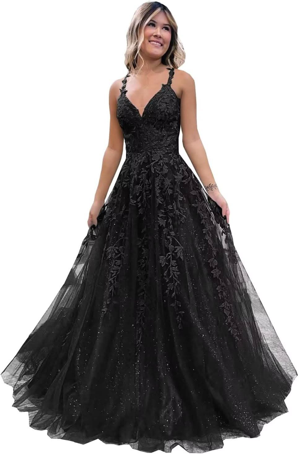 Tulle Lace Appliques Sparkly Prom Dresses A Line with Slit V Neck Formal Party Dress - Bmbride