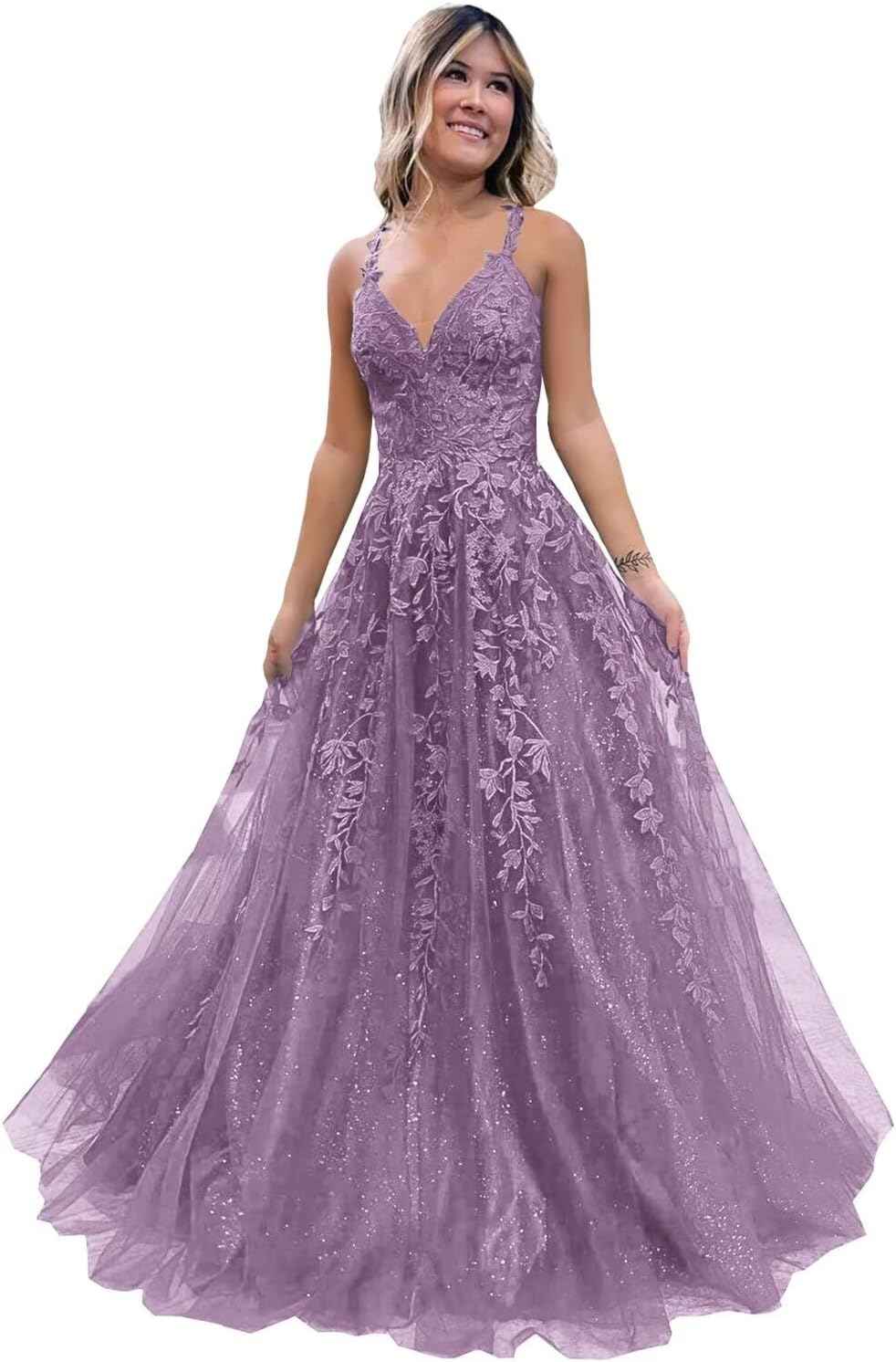 Tulle Lace Appliques Sparkly Prom Dresses A Line with Slit V Neck Formal Party Dress - Bmbride