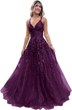 Tulle Lace Appliques Sparkly Prom Dresses A Line with Slit V Neck Formal Party Dress - Bmbride