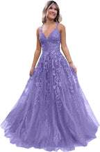 Tulle Lace Appliques Sparkly Prom Dresses A Line with Slit V Neck Formal Party Dress - Bmbride