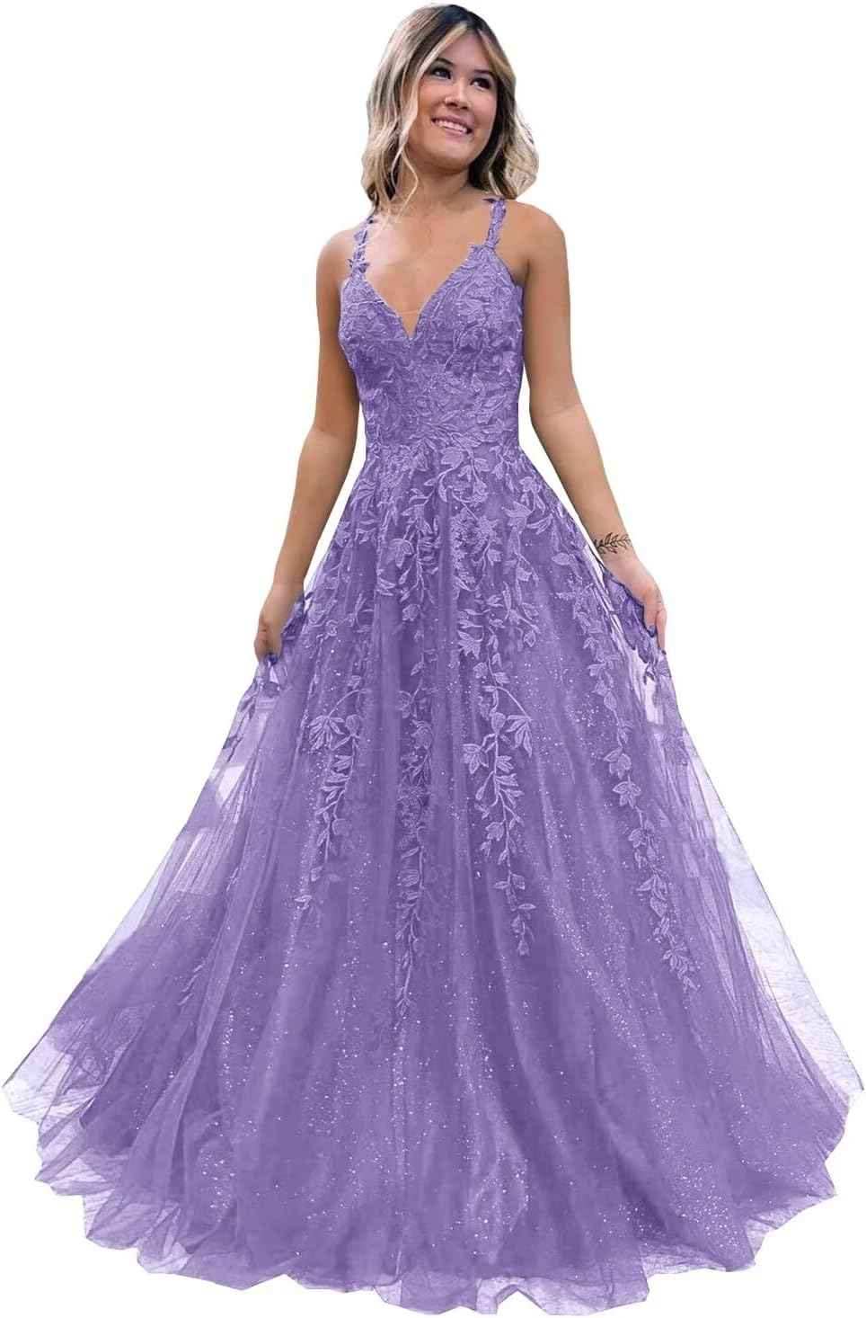 Tulle Lace Appliques Sparkly Prom Dresses A Line with Slit V Neck Formal Party Dress - Bmbride