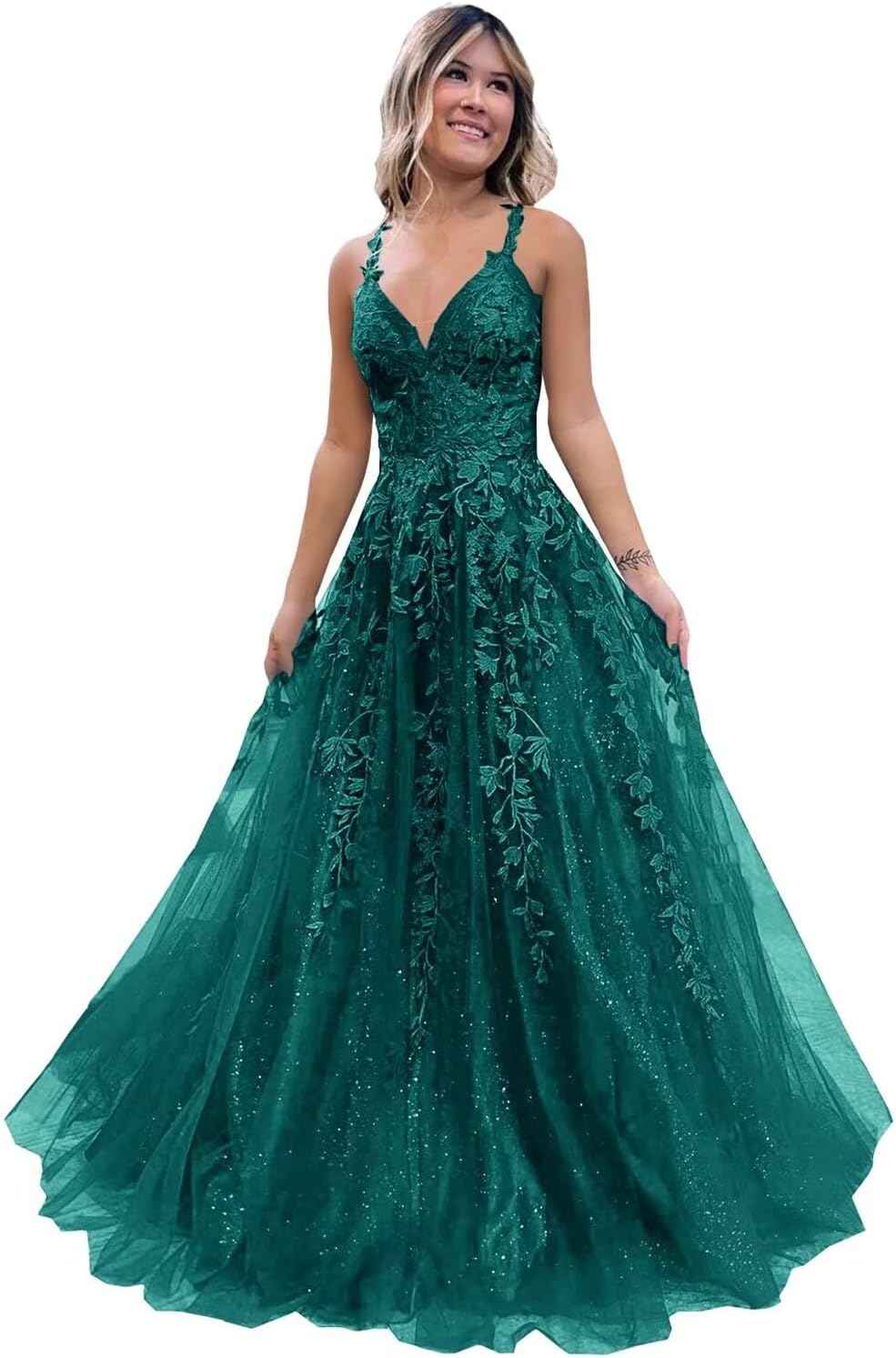 Tulle Lace Appliques Sparkly Prom Dresses A Line with Slit V Neck Formal Party Dress - Bmbride