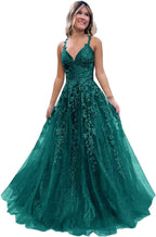 Tulle Lace Appliques Sparkly Prom Dresses A Line with Slit V Neck Formal Party Dress - Bmbride