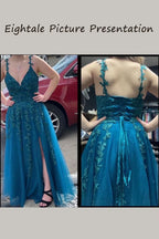 Tulle Lace Appliques Sparkly Prom Dresses A Line with Slit V Neck Formal Party Dress - Bmbride