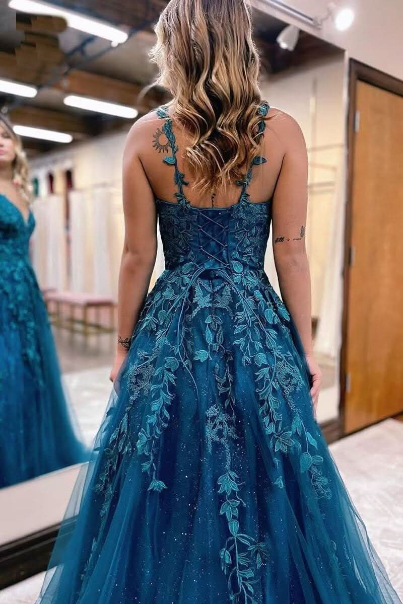 Tulle Lace Appliques Sparkly Prom Dresses A Line with Slit V Neck Formal Party Dress - Bmbride