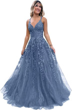 Tulle Lace Appliques Sparkly Prom Dresses A Line with Slit V Neck Formal Party Dress - Bmbride