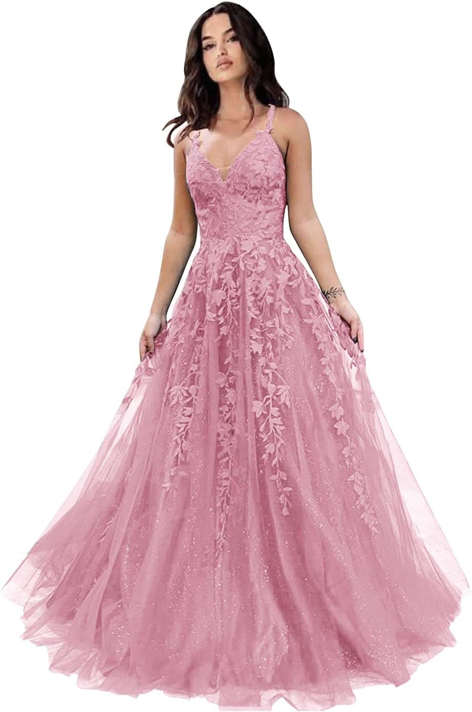 Tulle Prom Dresses for Women 2025 Sparkly Lace Appliques Long Ball Gowns Spaghetti Straps A - Line Evening Gowns - Bmbride