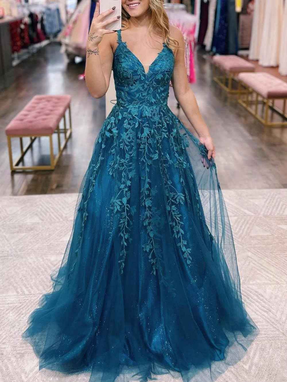 Tulle Prom Dresses for Women 2025 Sparkly Lace Appliques Long Ball Gowns Spaghetti Straps A - Line Evening Gowns - Bmbride