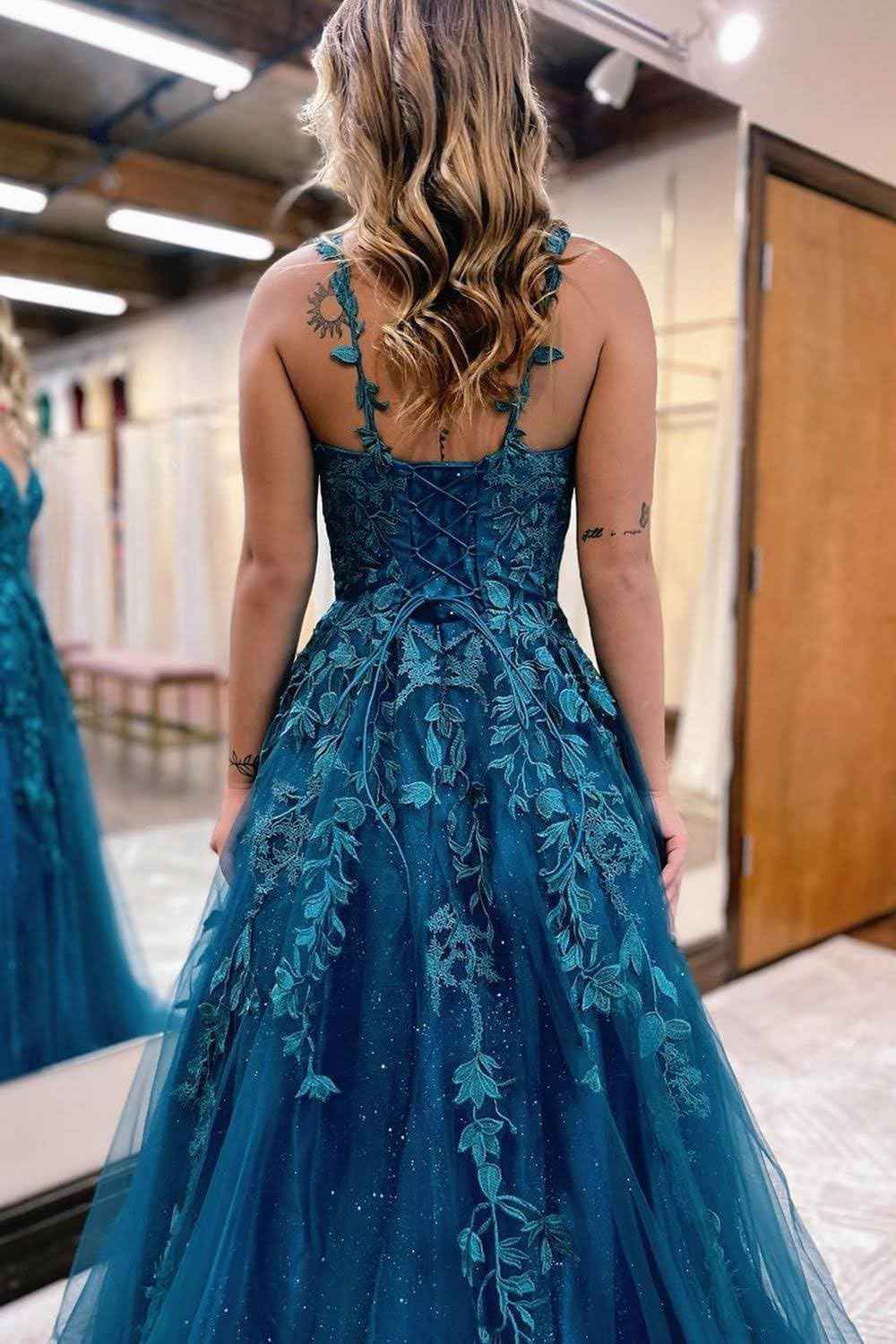 Tulle Prom Dresses for Women 2025 Sparkly Lace Appliques Long Ball Gowns Spaghetti Straps A - Line Evening Gowns - Bmbride