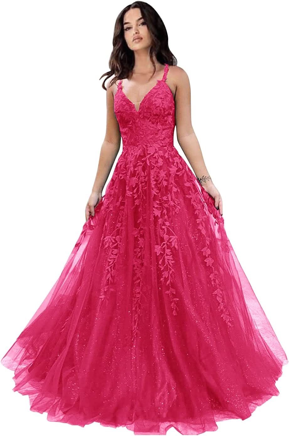 Tulle Prom Dresses for Women 2025 Sparkly Lace Appliques Long Ball Gowns Spaghetti Straps A - Line Evening Gowns - Bmbride