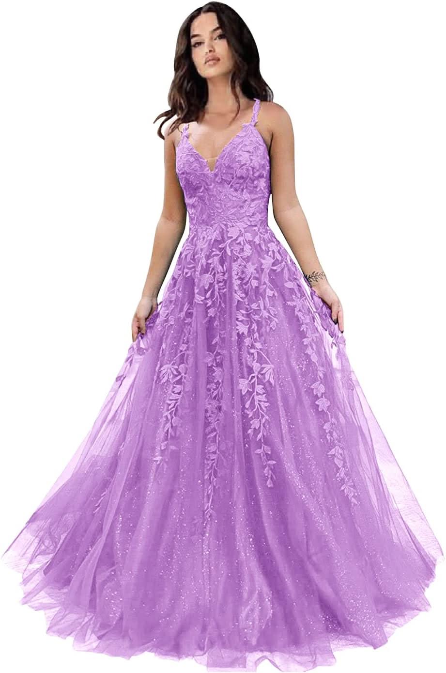 Tulle Prom Dresses for Women 2025 Sparkly Lace Appliques Long Ball Gowns Spaghetti Straps A - Line Evening Gowns - Bmbride