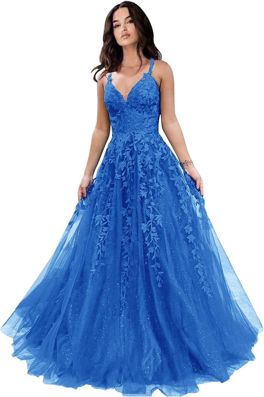 Tulle Prom Dresses for Women 2025 Sparkly Lace Appliques Long Ball Gowns Spaghetti Straps A - Line Evening Gowns - Bmbride