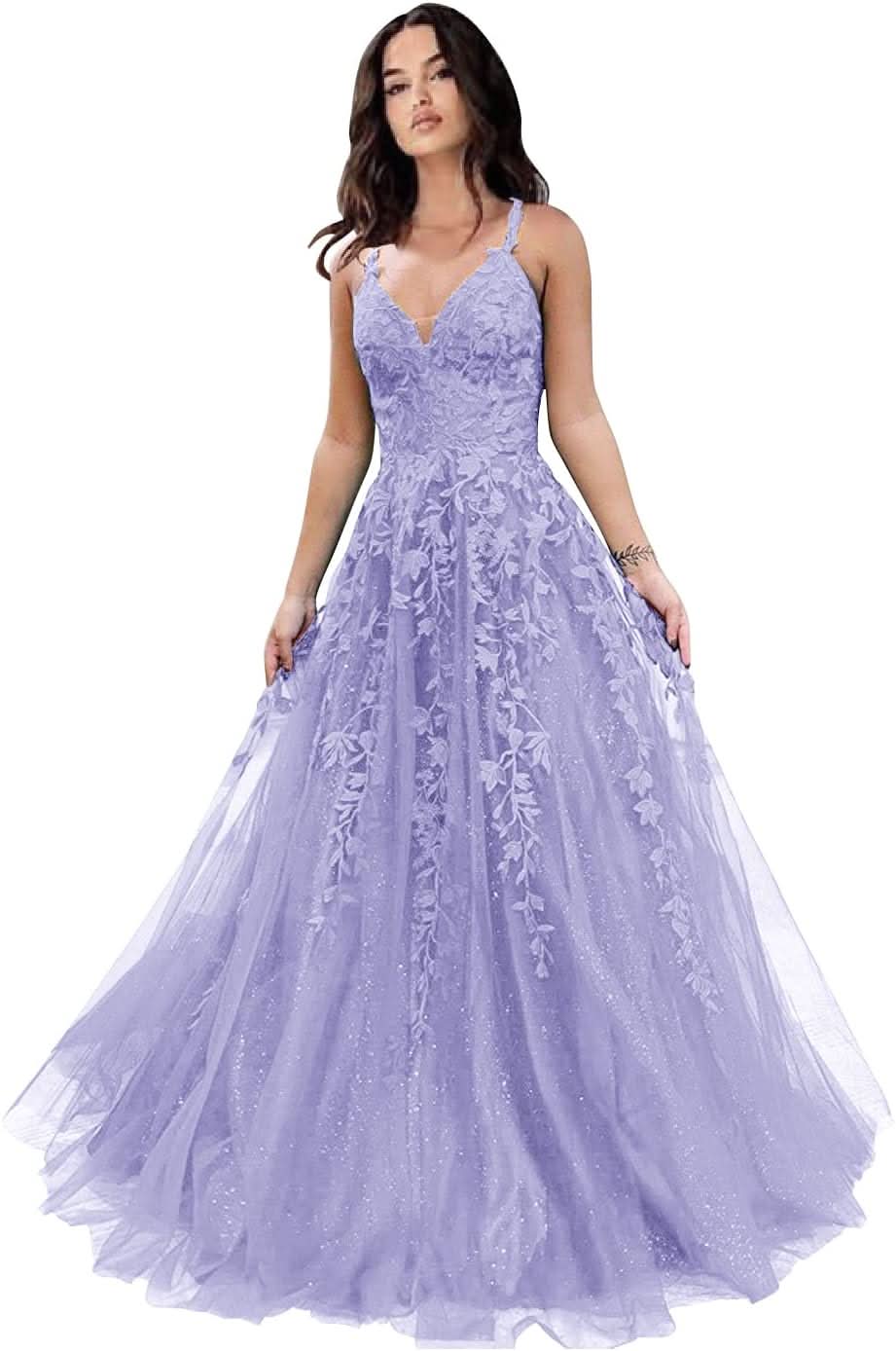 Tulle Prom Dresses for Women 2025 Sparkly Lace Appliques Long Ball Gowns Spaghetti Straps A - Line Evening Gowns - Bmbride