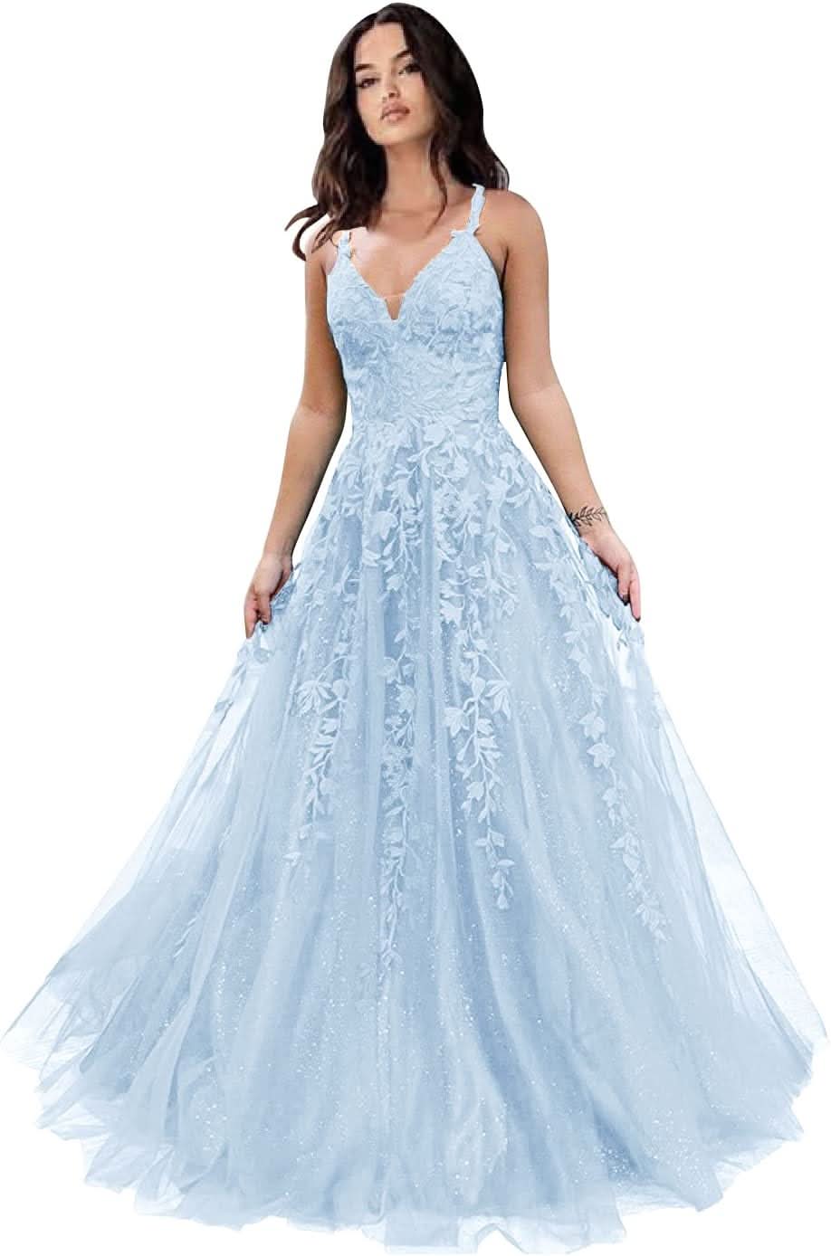 Tulle Prom Dresses for Women 2025 Sparkly Lace Appliques Long Ball Gowns Spaghetti Straps A - Line Evening Gowns - Bmbride