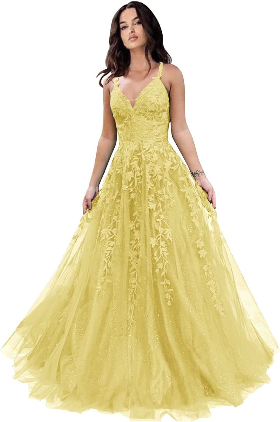 Tulle Prom Dresses for Women 2025 Sparkly Lace Appliques Long Ball Gowns Spaghetti Straps A - Line Evening Gowns - Bmbride