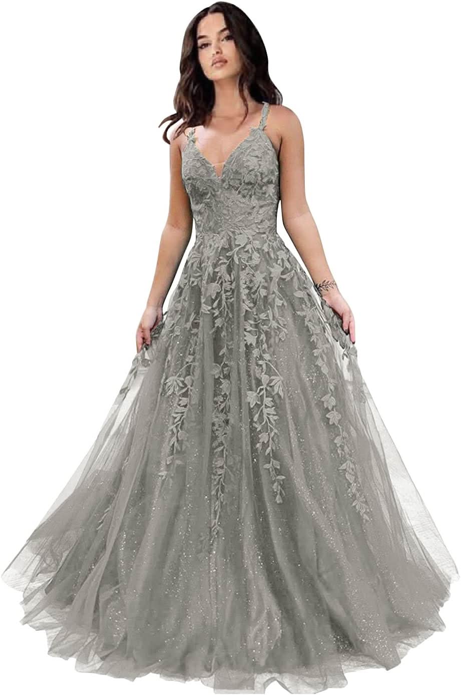 Tulle Prom Dresses for Women 2025 Sparkly Lace Appliques Long Ball Gowns Spaghetti Straps A - Line Evening Gowns - Bmbride