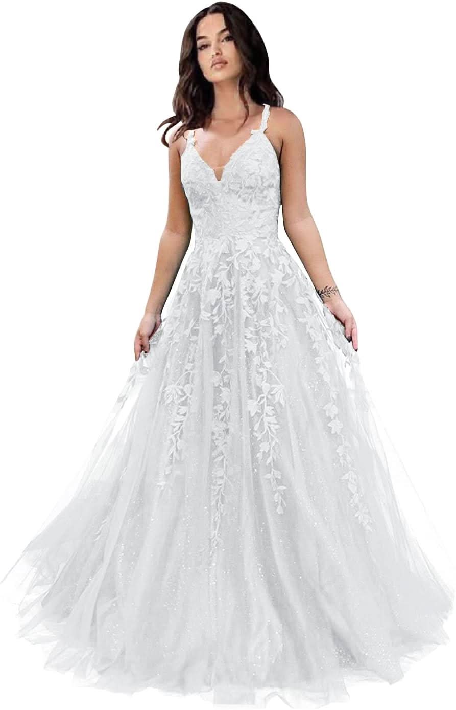 Tulle Prom Dresses for Women 2025 Sparkly Lace Appliques Long Ball Gowns Spaghetti Straps A - Line Evening Gowns - Bmbride