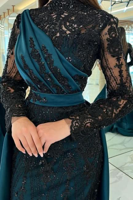 BMbride Turkish Mermaid High Neck Long Sleeves Evening Dresses With Black Lace BMbride