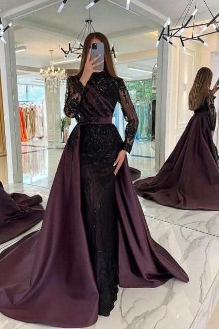 BMbride Turkish Mermaid High Neck Long Sleeves Evening Dresses With Black Lace BMbride