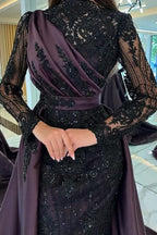 BMbride Turkish Mermaid High Neck Long Sleeves Evening Dresses With Black Lace BMbride