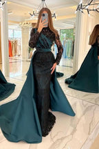 BMbride Turkish Mermaid High Neck Long Sleeves Evening Dresses With Black Lace BMbride