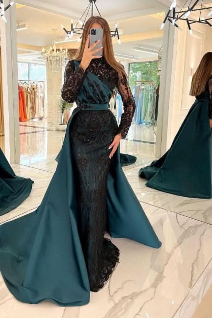 BMbride Turkish Mermaid High Neck Long Sleeves Evening Dresses With Black Lace BMbride
