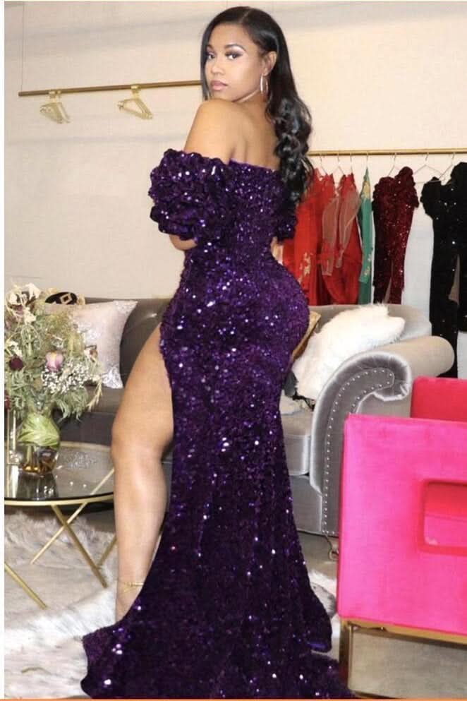 BMbride Unique Black V-neck Off-the-Shoulder Sequins Asymmetrical Column Prom Dresses BMbride