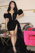 BMbride Unique Black V-neck Off-the-Shoulder Sequins Asymmetrical Column Prom Dresses BMbride
