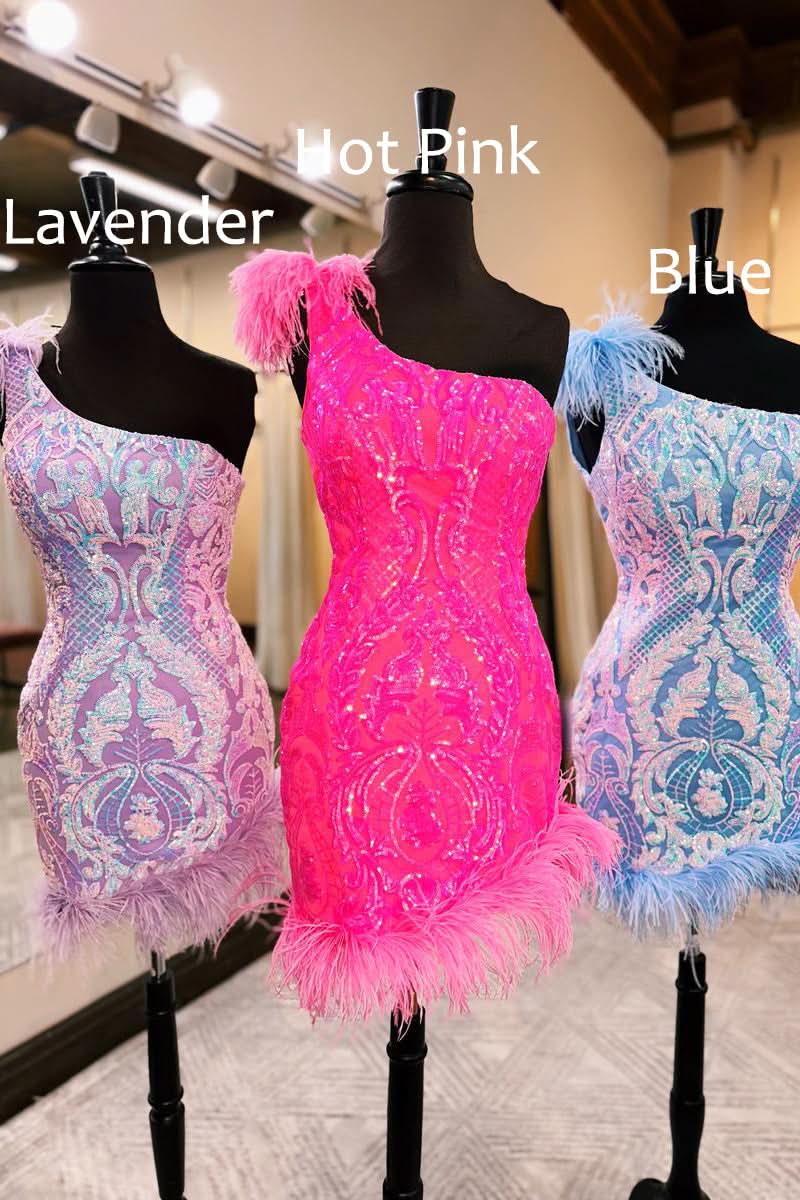 Unique Bodycon One Shoulder Hot Pink Sequins Lace Short Homecoming Dresses with Feather BM bride