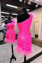 Unique Bodycon One Shoulder Hot Pink Sequins Lace Short Homecoming Dresses with Feather BM bride