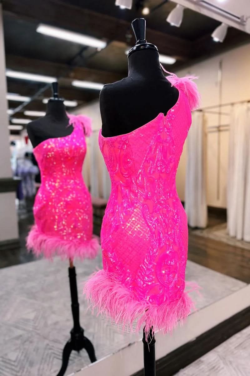 Unique Bodycon One Shoulder Hot Pink Sequins Lace Short Homecoming Dresses with Feather BM bride