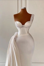 BMbride Unique Ivory One-Shoulder Sweetheart Sleeveless A-line Wedding Dresses With Beads BMbride