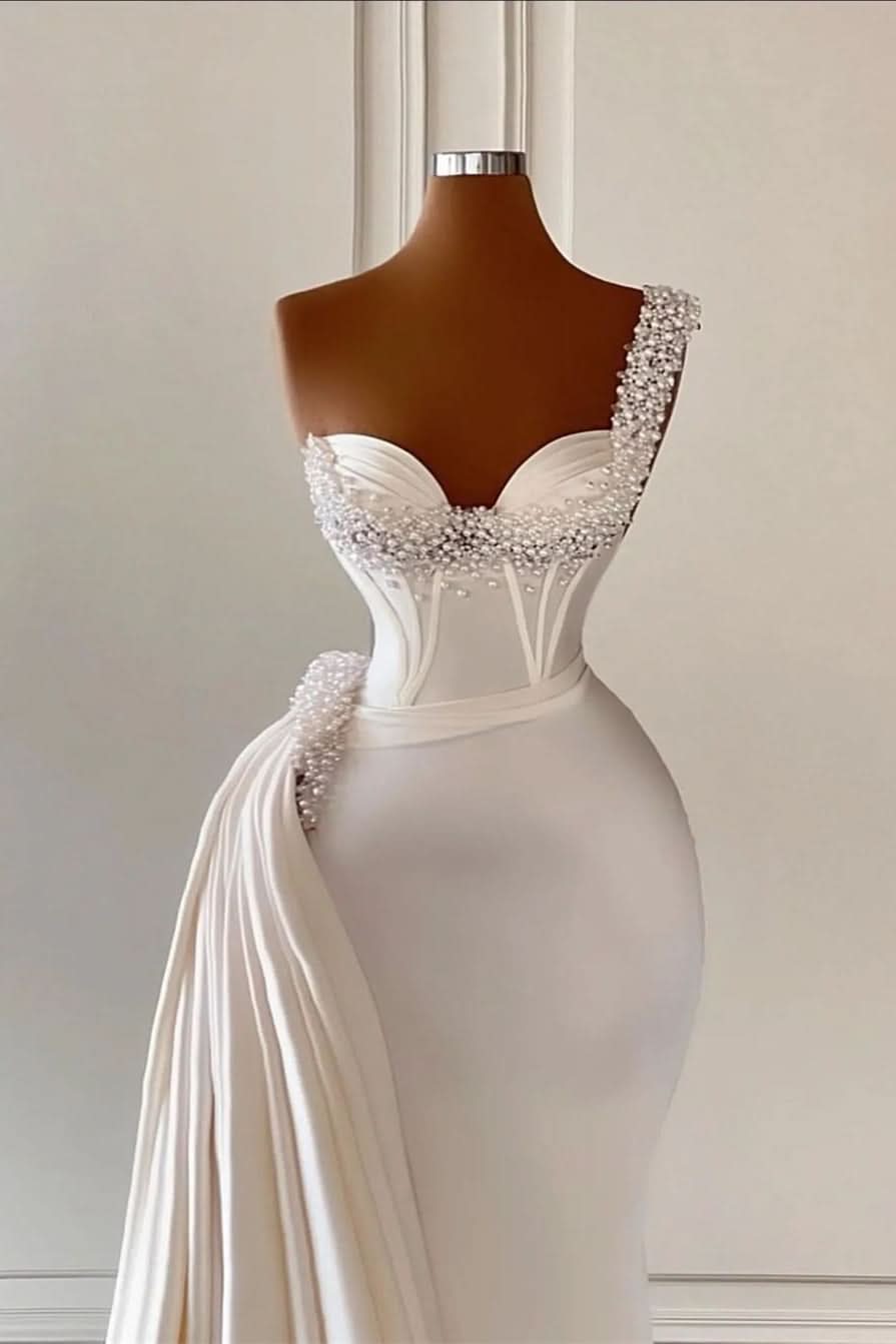 BMbride Unique Ivory One-Shoulder Sweetheart Sleeveless A-line Wedding Dresses With Beads BMbride