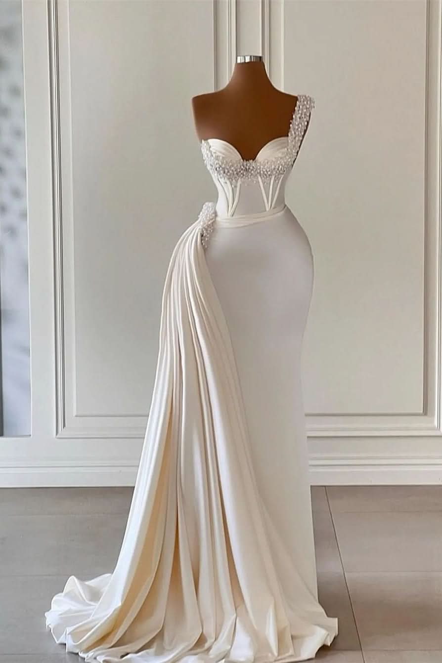 BMbride Unique Ivory One-Shoulder Sweetheart Sleeveless A-line Wedding Dresses With Beads BMbride