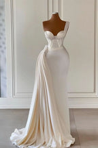 BMbride Unique Ivory One-Shoulder Sweetheart Sleeveless A-line Wedding Dresses With Beads BMbride