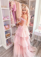 Romantic Princess A-Line Off-the-Shoulder Light Pink Long Prom Dress with Ruffles BM bride