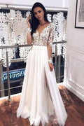 BMbride V-neck Appliques Long Sleeve A-line Wedding Dresses | Side Split Pleated Tulle Bridal Gowns BMbride
