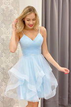 Stylish A-Line V Neck Light Blue Short Homecoming Dress BM bride