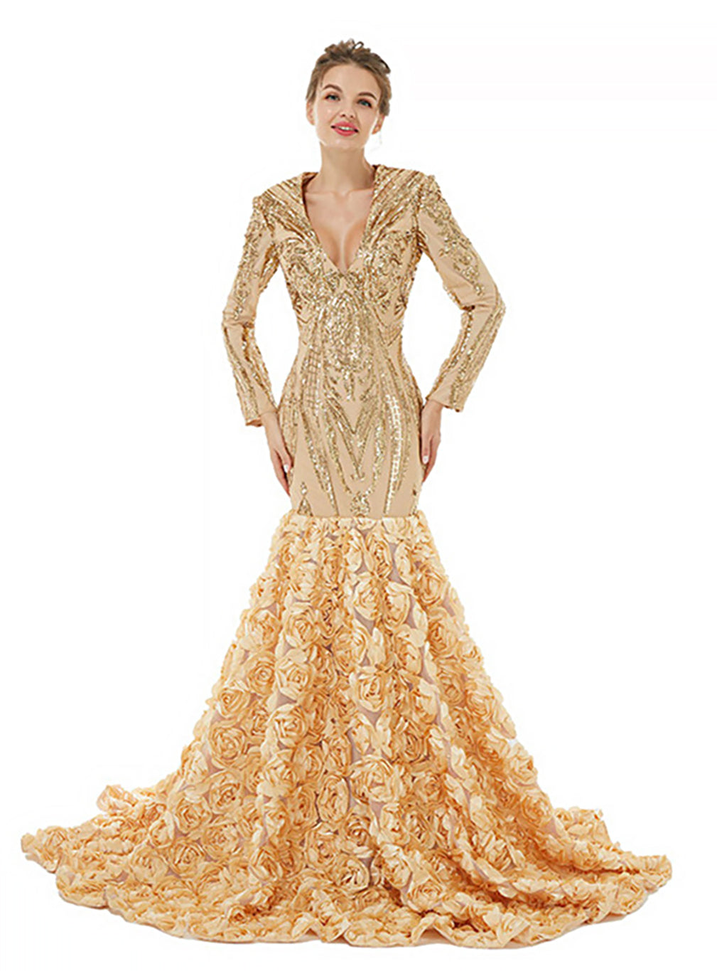 V-Neck Long Sleeves Sequins Mermaid Dress BMbride