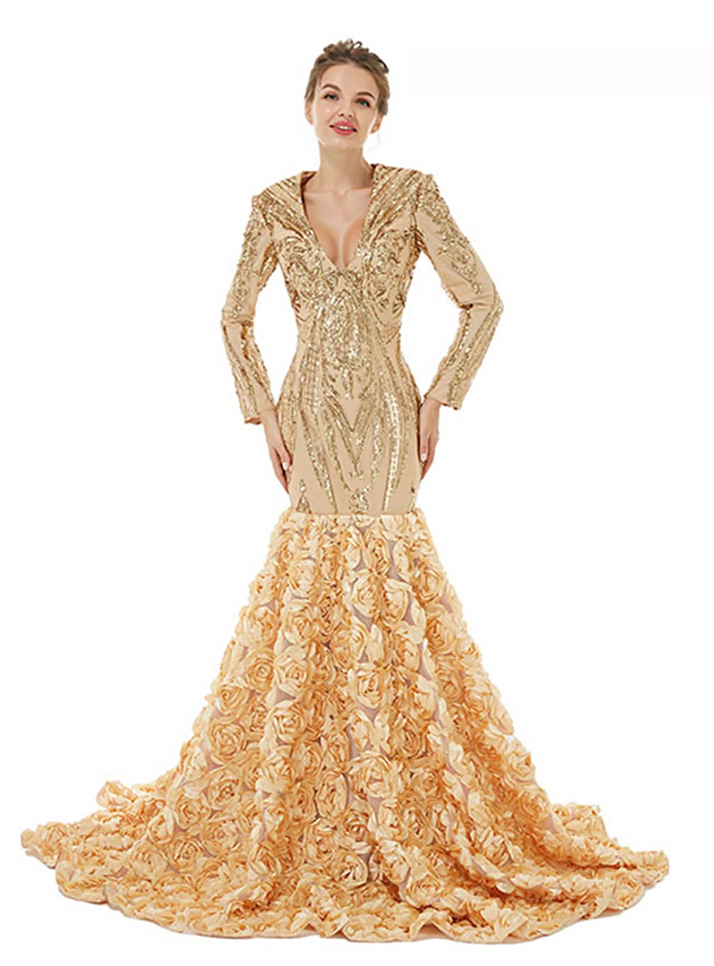 V-Neck Long Sleeves Sequins Mermaid Dress BMbride