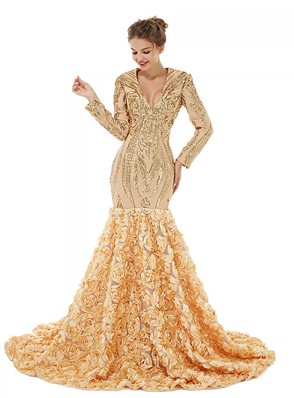 V-Neck Long Sleeves Sequins Mermaid Dress BMbride